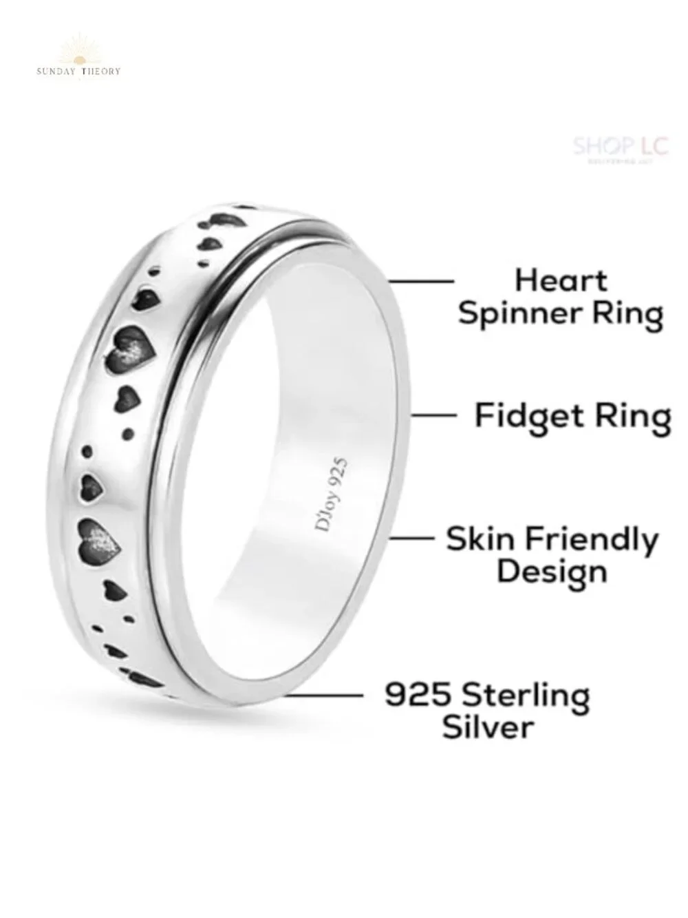 925 Sterling Silver Spinner Fidget Ring for Women, Stress Relief Anxiety Ring,
